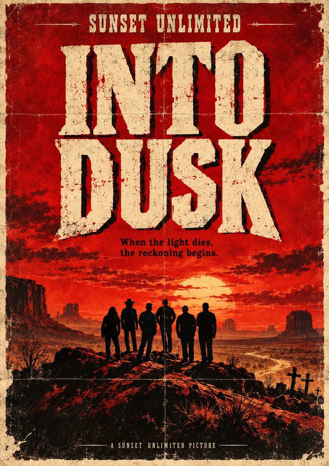 Into Dusk — Sunset Unlimited vintage western poster
